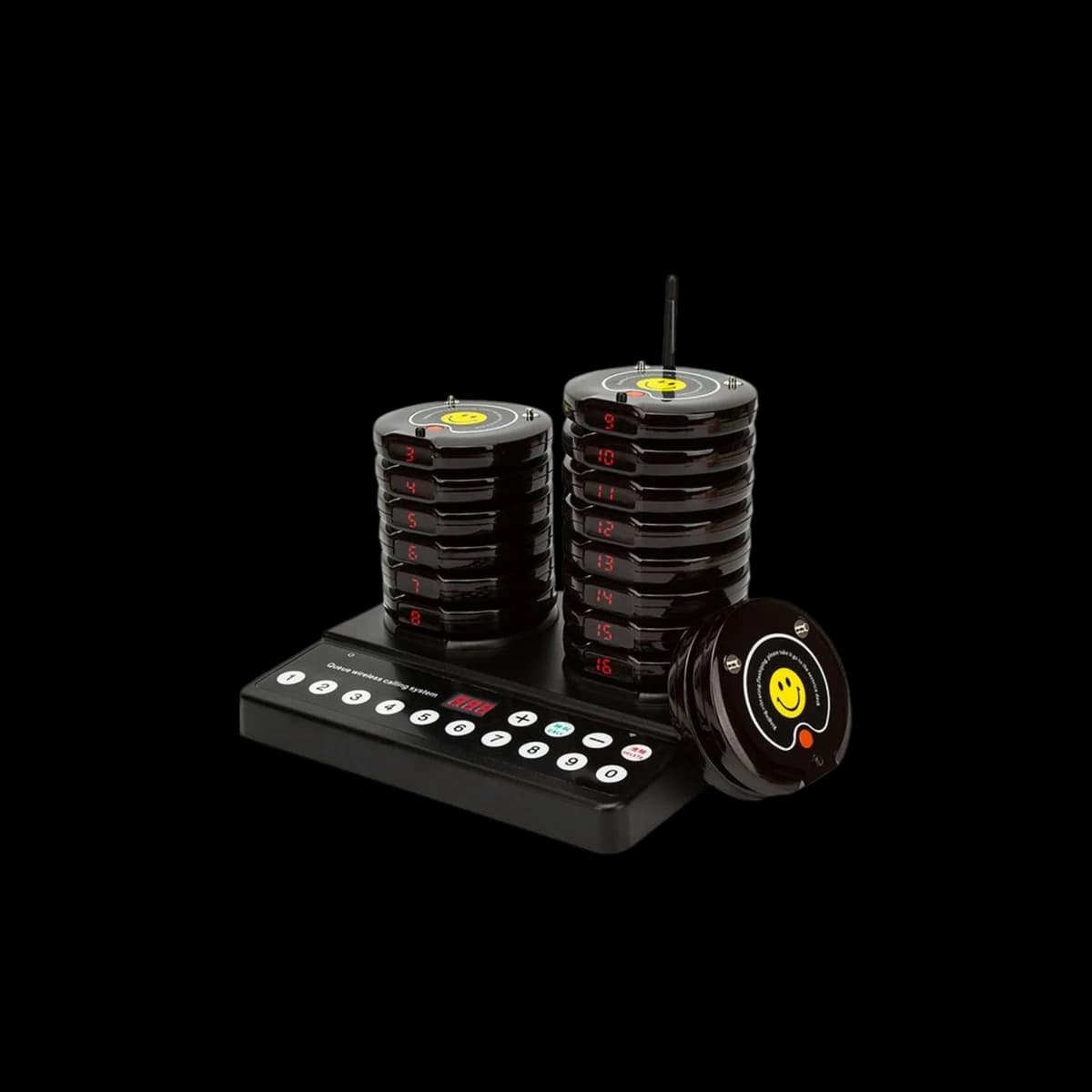Self-service buzzer set with 16 numbered devices and charging base
